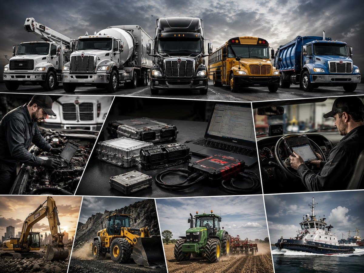 Vocational and fleet vehicles we service — utility trucks, mixers, semi-trucks, school buses, refuse trucks, excavators, wheel loaders, agricultural tractors, marine vessels, and technicians at work with diagnostic equipment