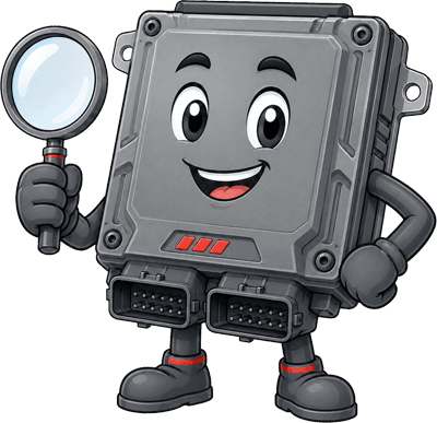ECM Performance mascot with magnifying glass, representing fault code lookup