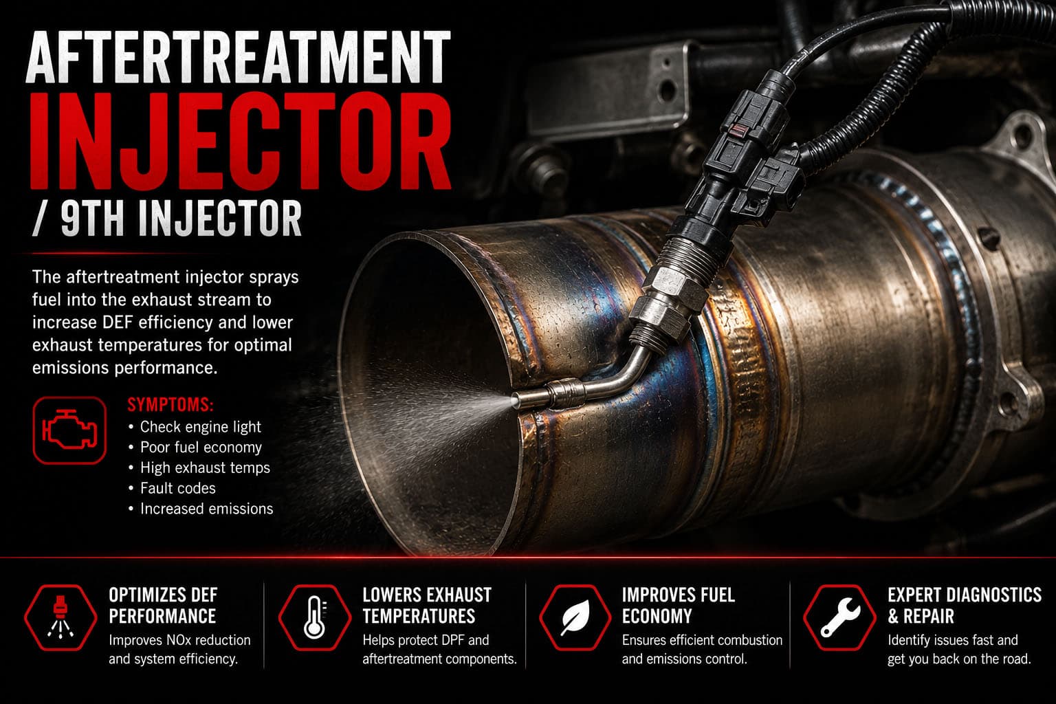 9th injector issues diagnostic icon — aftertreatment fuel injector with fuel spray