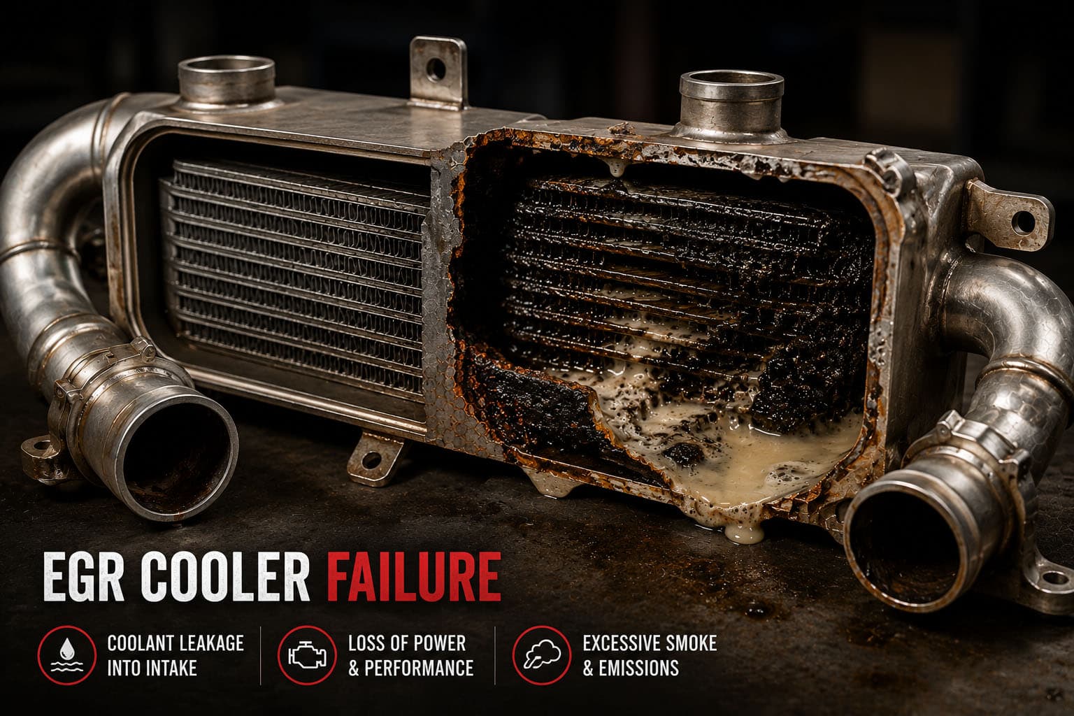 EGR cooler failure diagnostic icon — heat exchanger with coolant leak