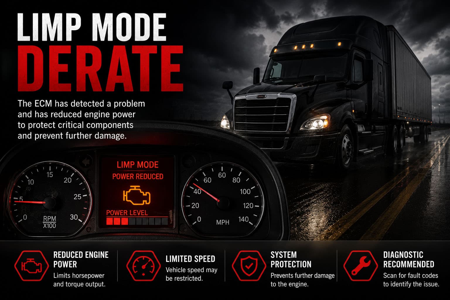 Limp mode derate diagnostic icon — engine warning triangle